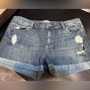 PAIGE Medium Blue Denim Shorts with Rolled Hem